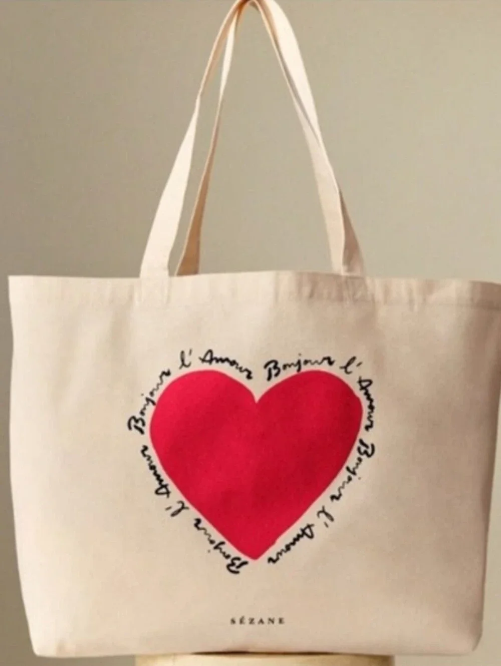 Sézane Canvas Tote Bag Red Heart Bonjour l'Amour
